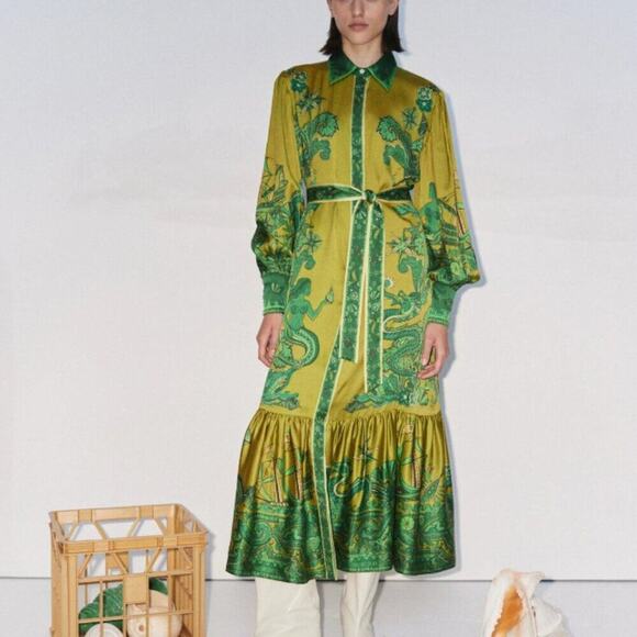 Alemais Solaris Shirtdress - Olive Silk Satin US 2